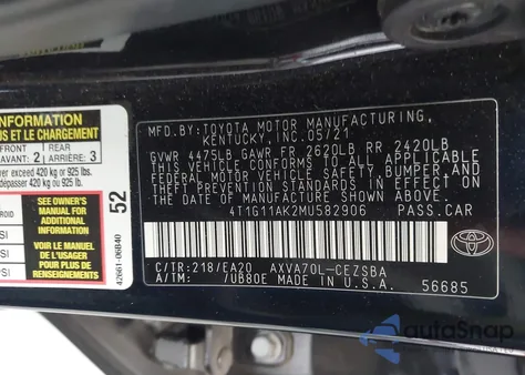 2021 Toyota Camry Se z USA, uszkodzony, nr VIN 4T1G11AK2MU582906